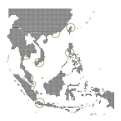 Close-cropped dot map of Southeast Asia and Greater China with overlapping concentric brass rings radiating from eight city points.