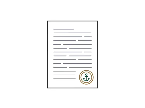 A registry filing rendered as an upright document outline filled with pale rule marks standing in for text, with a brass seal ring in the lower corner.