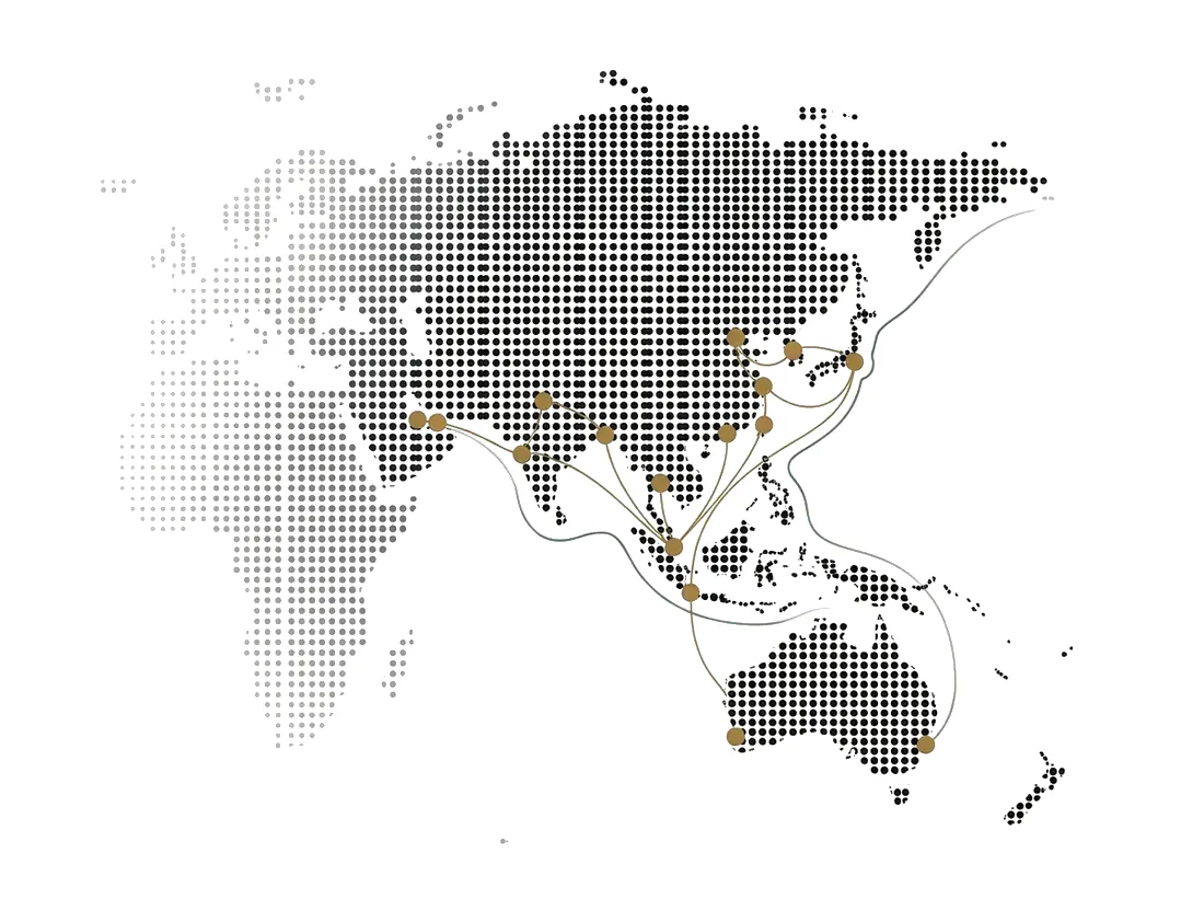 Dot-matrix world map centred on the Asia-Pacific region, with brass nodes over major Asian financial centres connected by curved arcs.