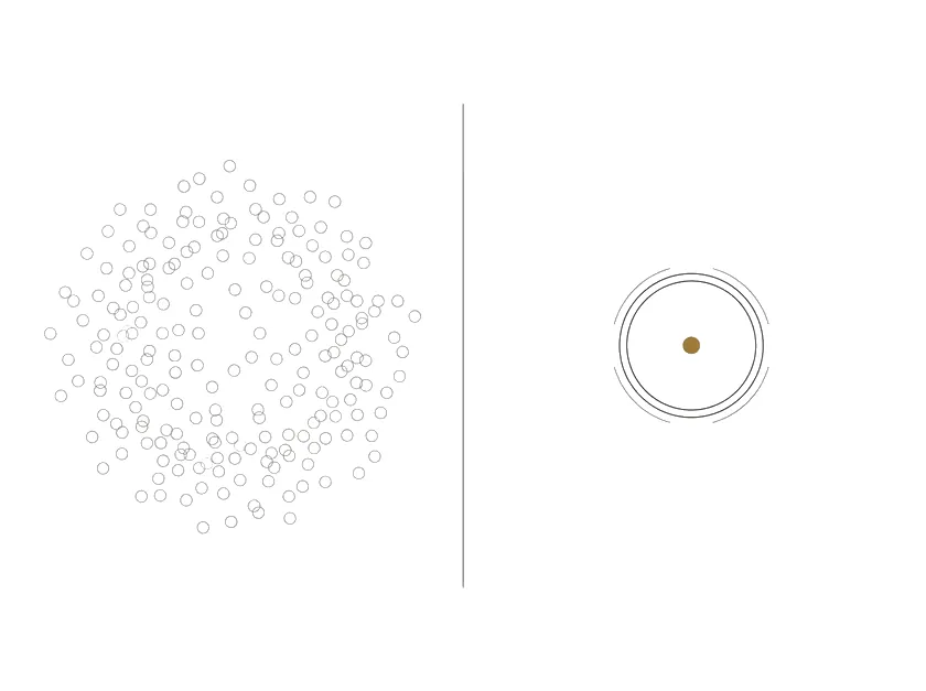 A loose scatter of many pale rings on the left, and on the right a single brass dot at the exact centre of two concentric rings.