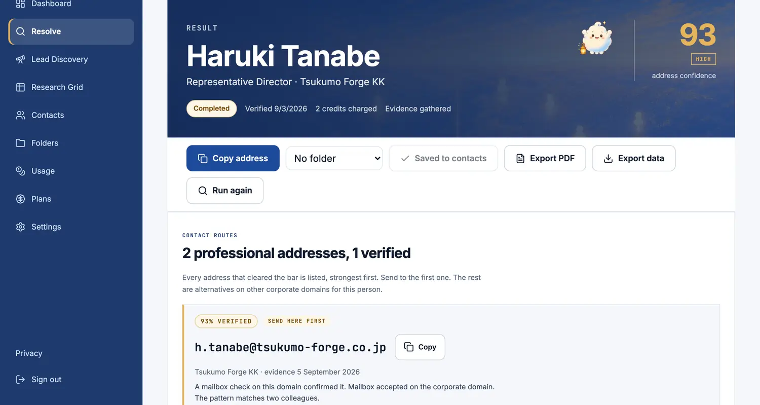 The SkySearch workspace after a search: a person's name and role, a confidence score of 93 out of 100, and a verified work address with the evidence beneath it.