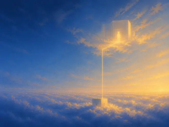 A small building below the clouds, joined by a gold thread up through a gap to a larger building above it.