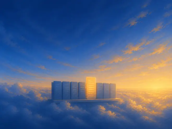 A shelf of documents on a cloudtop, all in shadow except one, lifted and glowing gold.