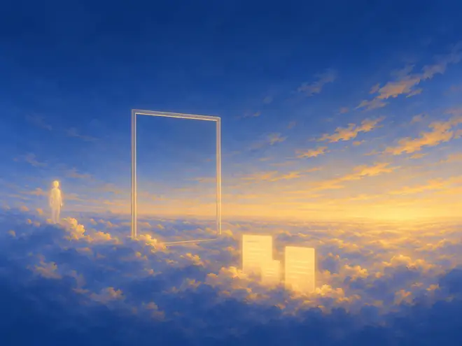 An empty picture frame floating above the clouds, with three glowing records resting on the cloudtops beside it.