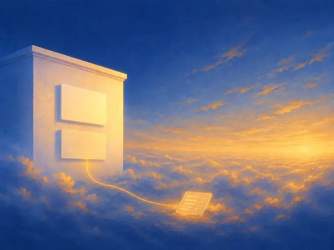 Two blank nameplates on a cloud-wrapped building, a gold thread running from the lower one down to a single glowing record.