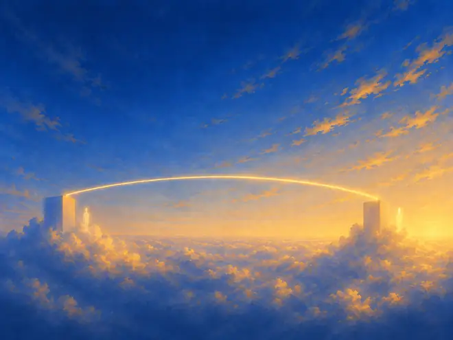 Two cloud-wrapped buildings joined by one gold arc, a figure of light standing at each end.