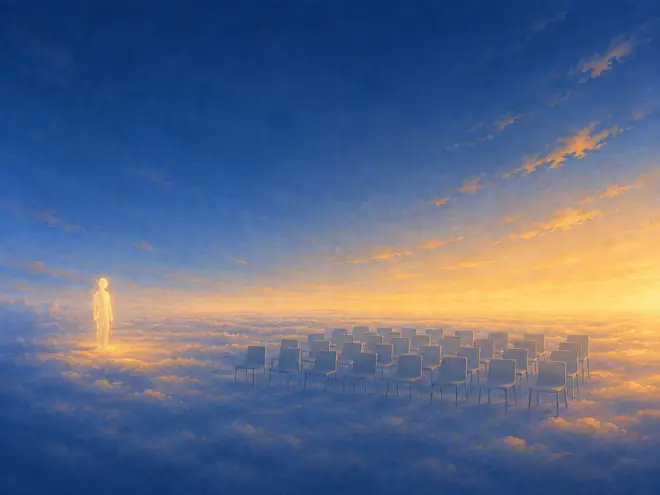 A grid of empty unlit chairs on a cloud terrace, with one gold figure of light standing apart from it.