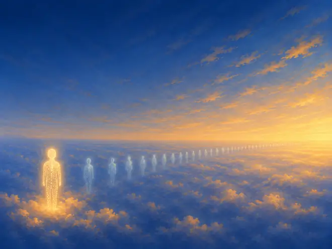 A long line of faint figures of light receding into cloud, the nearest one lit gold.