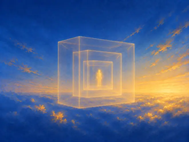 Three nested glass boxes drifting in cloud, a single gold figure of light deep inside the innermost one.
